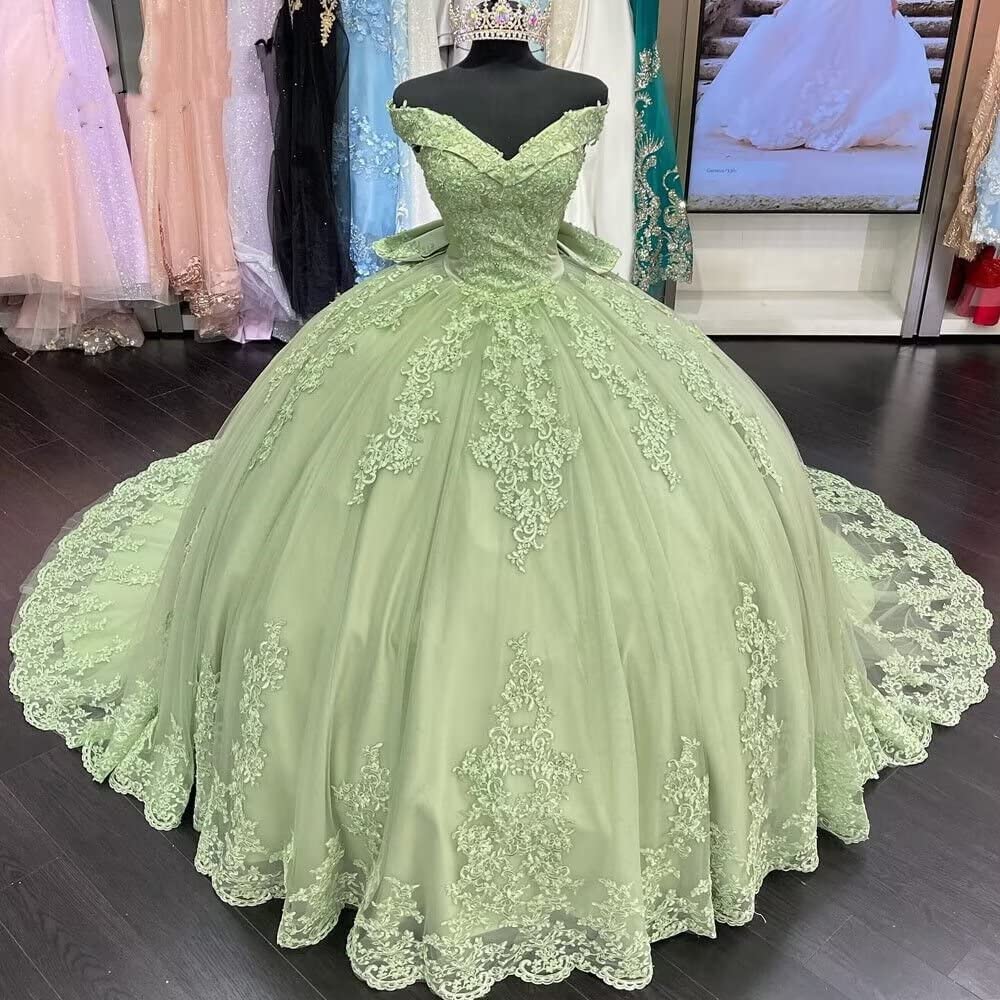 Lace Sage Applique Off Shoulder Quinceanera Dresses
