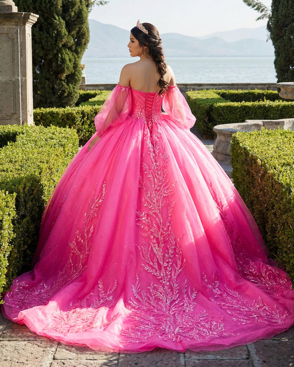 Lace Hot Pink Sequins Ball Gown Quinceañera Dress - KissProm