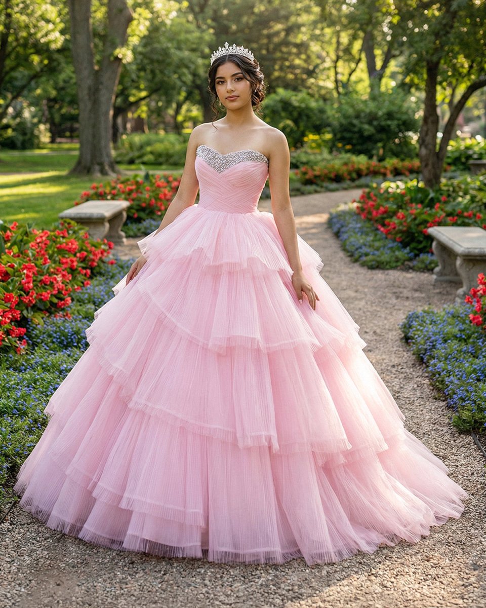 Quinceanera Dress Tiered Ball Gown Long Evening Dresses with Diamonds - KissProm