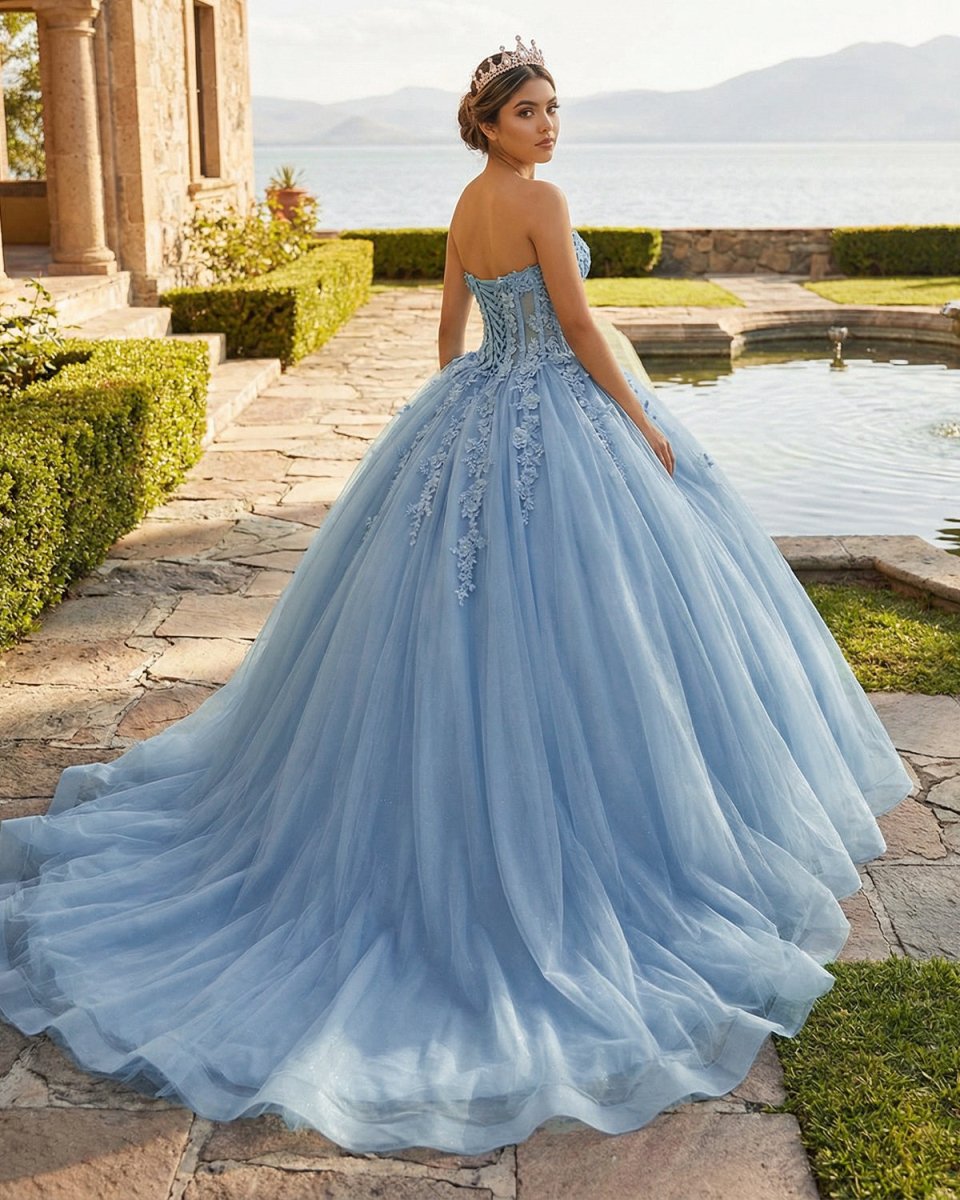 Sky Blue Ball - Gown Tulle 3D Flowers Sweetheart Quinceanera Dresses - KissProm