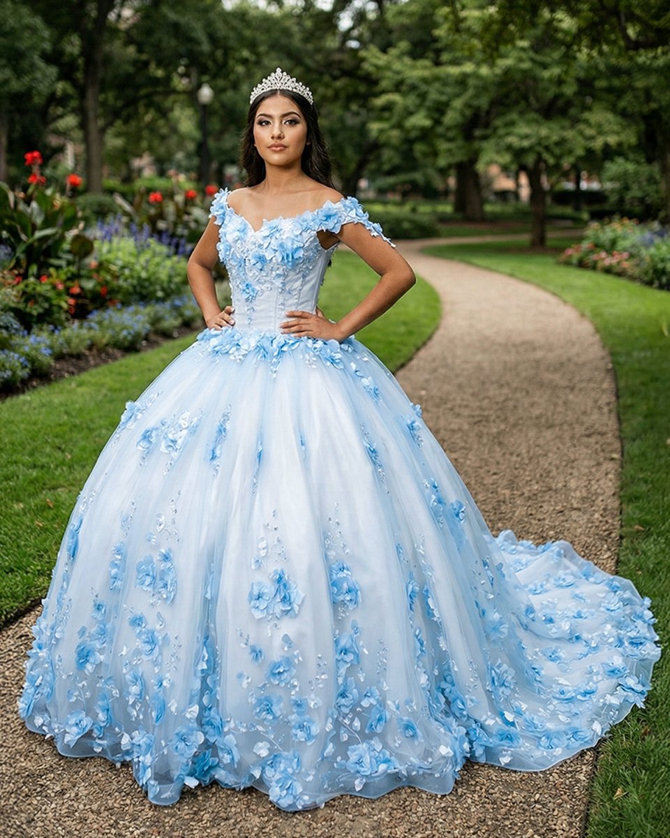 Sky Blue Lace Dress Off The Shoulder 3D Flowers Quinceanera Dresses - KissProm