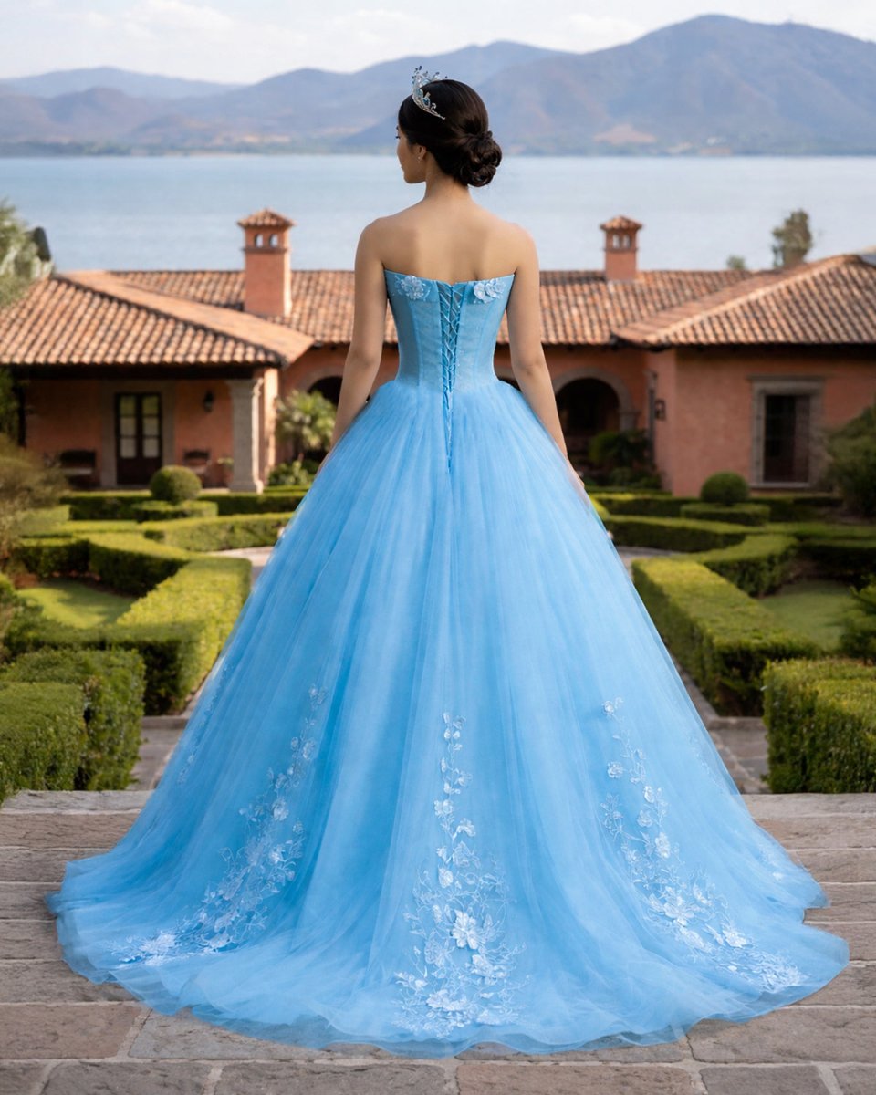Sky Blue Tulle 3D Flowers Quinceanera Dresses With Train - KissProm