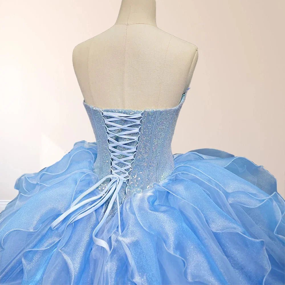Sky Blue Quinceanera Dress with Pleats and Flowers - KissProm