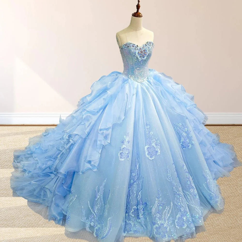 Sky Blue Quinceanera Dress with Pleats and Flowers - KissProm
