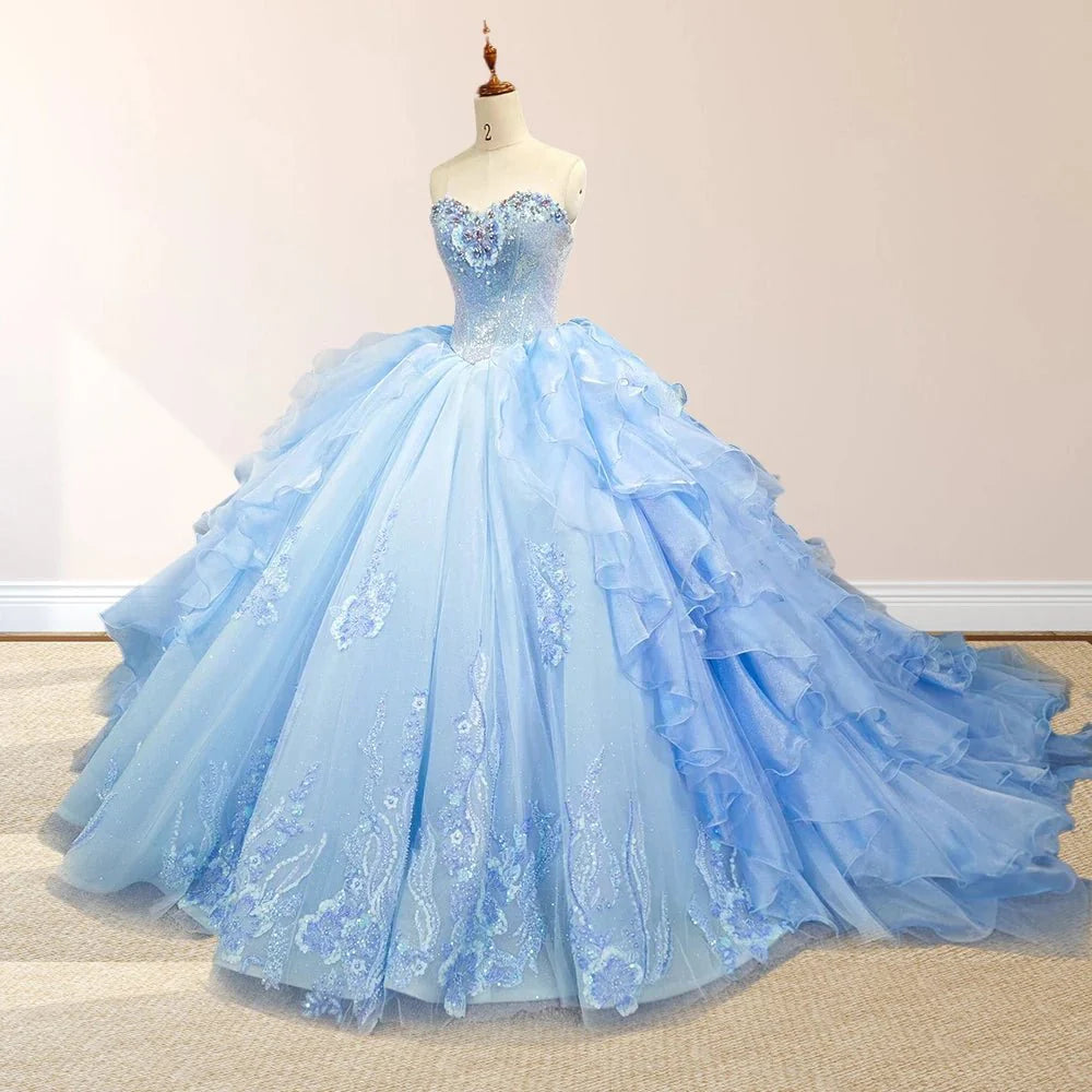 Sky Blue Quinceanera Dress with Pleats and Flowers - KissProm