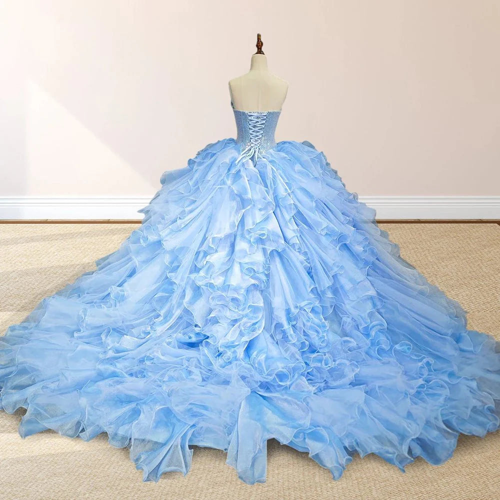 Sky Blue Quinceanera Dress with Pleats and Flowers - KissProm