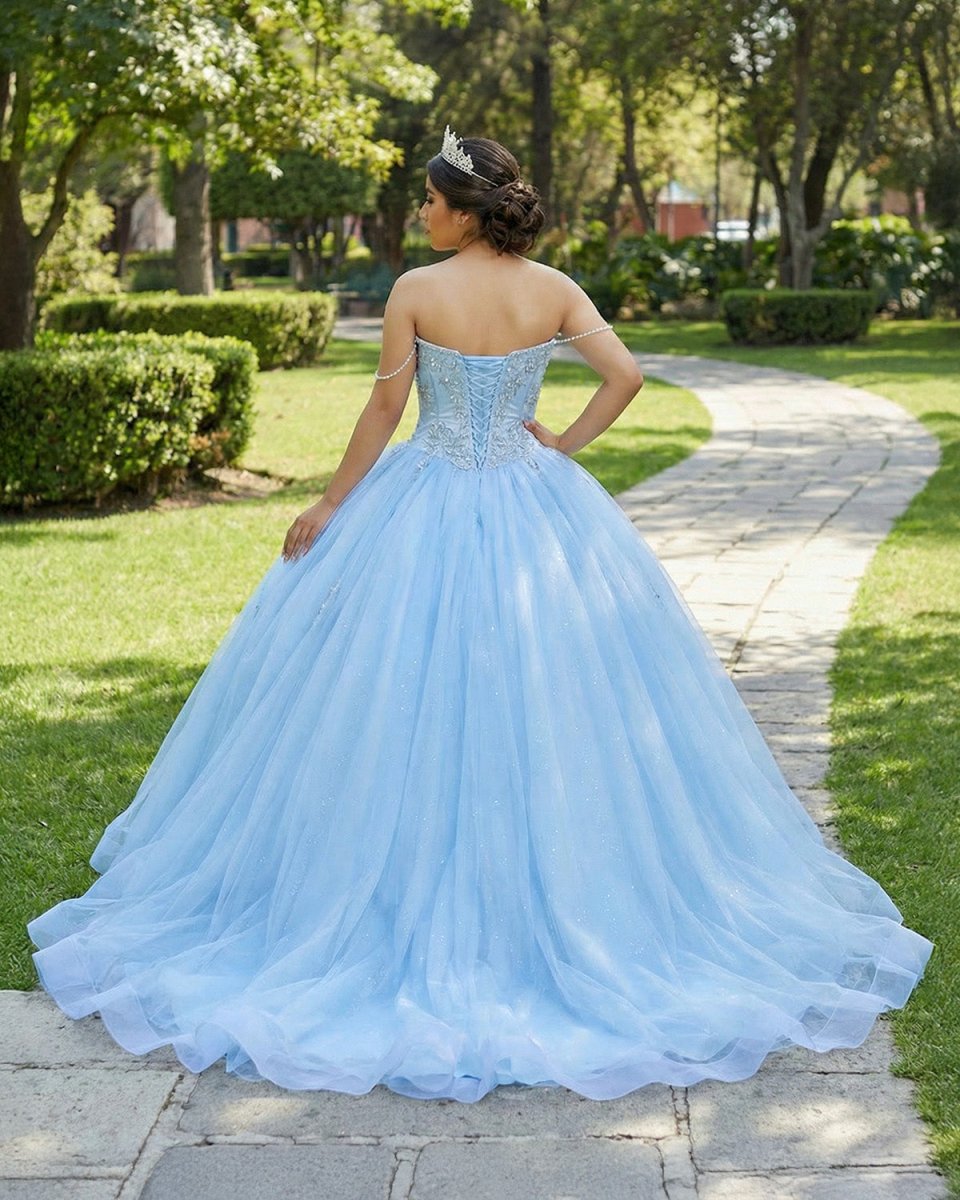 Sky Blue Quinceanera Dresses Off the Shoulder Beaded Lace Appliques - KissProm