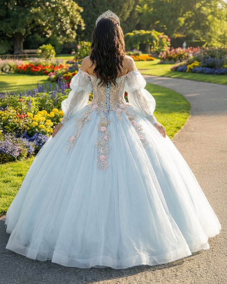 Sky Blue Quinceanera Dresses with 3D Flowers and Half Sleeve - KissProm