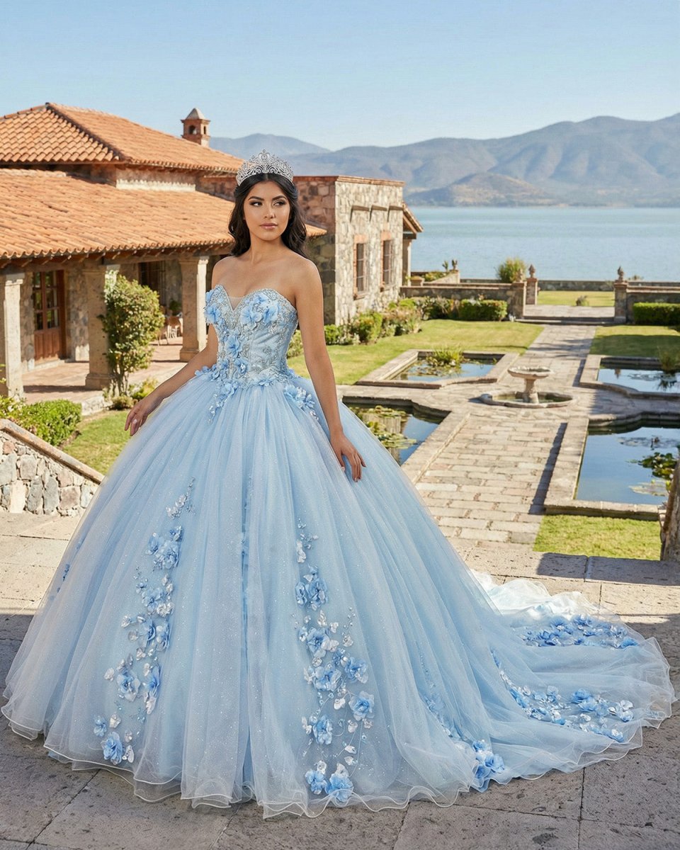 Sky Blue Tulle Ball - Gown Strapless Sleeveless Quinceanera Dresses - KissProm
