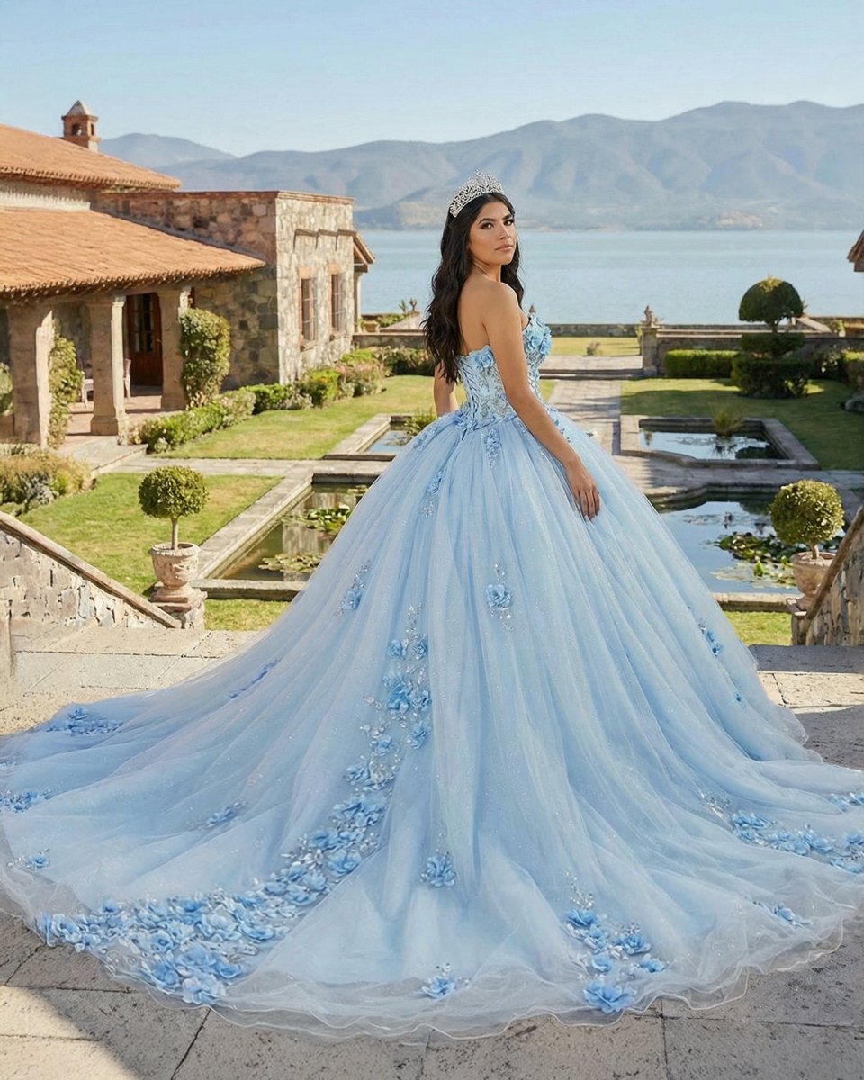 Sky Blue Tulle Ball - Gown Strapless Sleeveless Quinceanera Dresses - KissProm