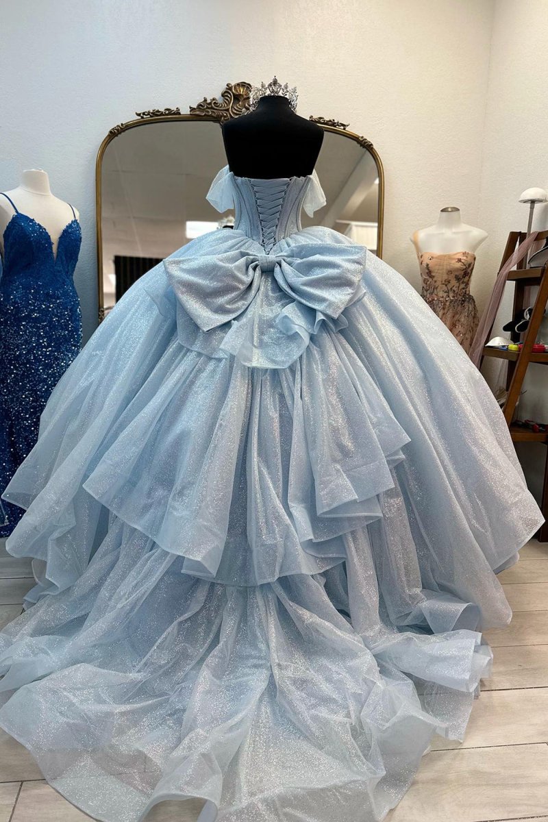 Woodly | Light Blue Off the Shoulder Tulle Princess Long Corset Quinceanera Dress with Bow