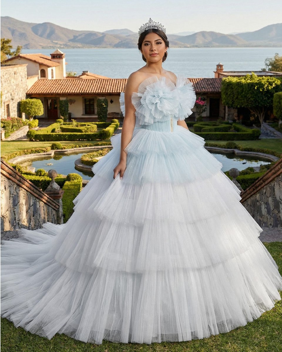 Strapless Quinceanera Dress White Ruffles Ball Gown Evening Dress - KissProm