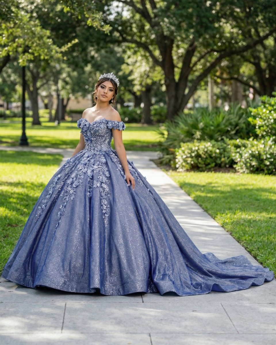 Sweetheart A Line Off - the - shoulder Quinceanera Dresses with 3D Flower and Pearls - KissProm