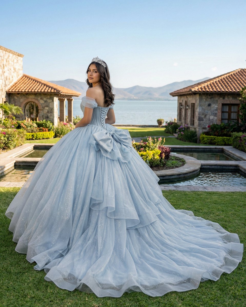 Light Blue Off the Shoulder Tulle Princess Long Corset Quinceanera Dress with Bow - KissProm