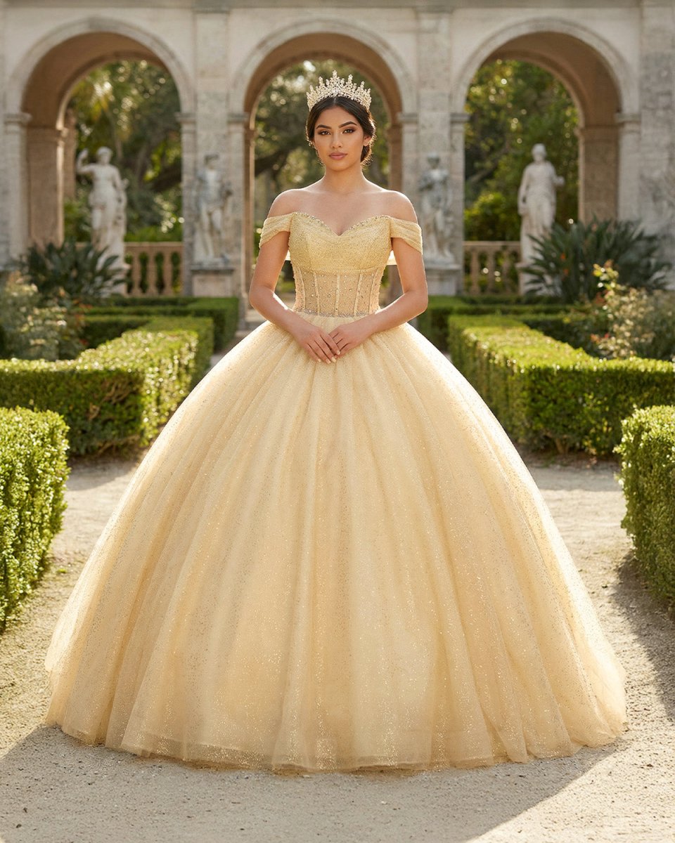 Yellow Ball Gown Tulle Off - the - Shoulder Quincenara Dresses - KissProm