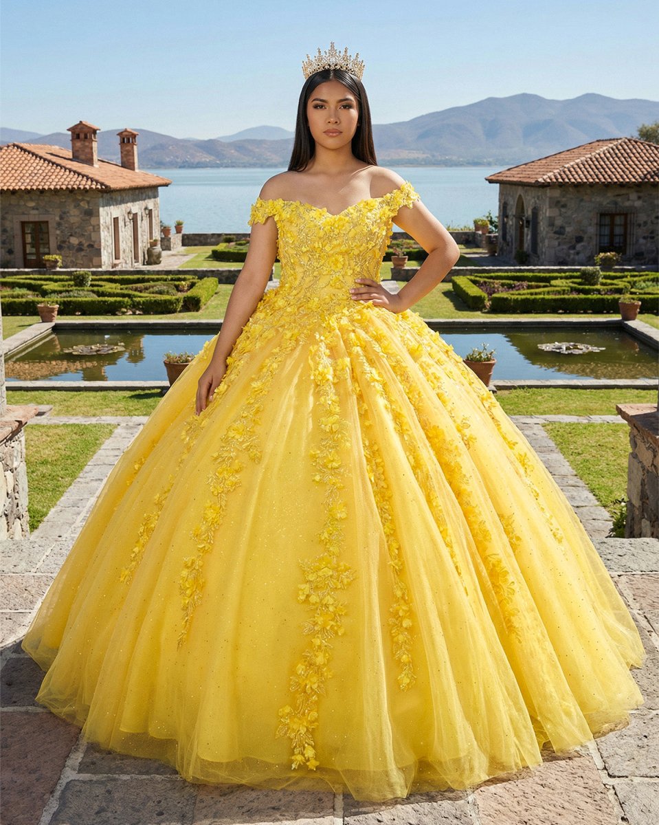 Quinceanera Dress Yellow Off - the - Shoulder Ball Gown with 3D Floral Lace - KissProm