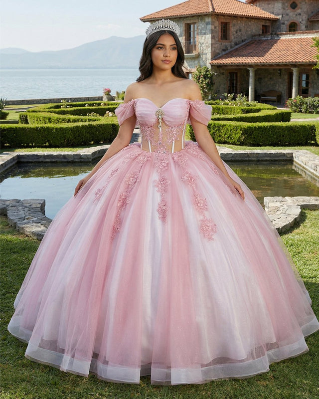 princess pink quinceanera dresses Princess Pink Quinceanera Dress Floral Print Sequins Off Shoulder Ball Gown