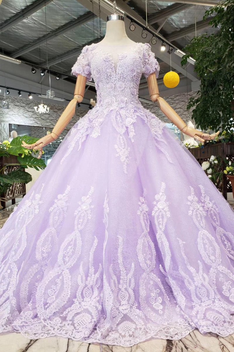 Quinceanera Dress Ball Gown Short Sleeves Beaded Prom Dresses With Appliques - KissProm
