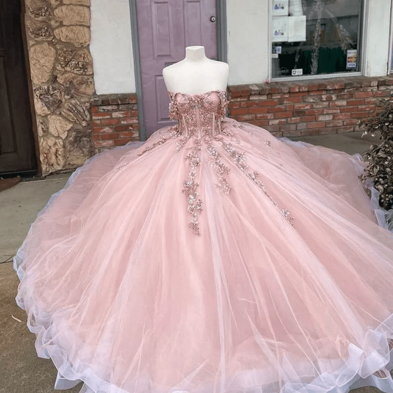 Enza | Pink Tulle Appliques Strapless Quinceanera Dresses