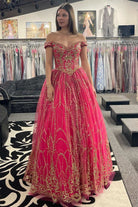 Quinceanera Dress Princess Off - the - Shoulder Red Sequin Lace Ball Gown - KissProm