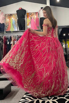 Quinceanera Dress Princess Off - the - Shoulder Red Sequin Lace Ball Gown - KissProm