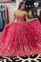 Quinceanera Dress Princess Off - the - Shoulder Red Sequin Lace Ball Gown - KissProm