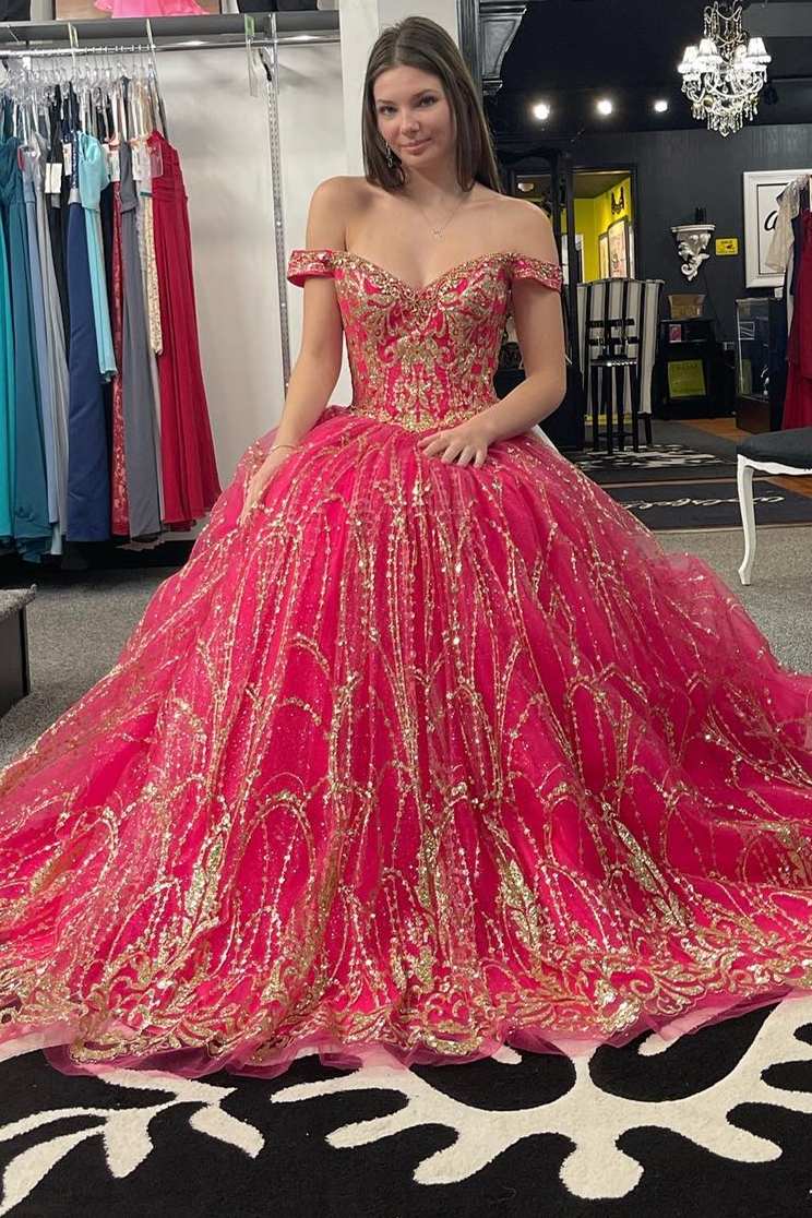 Quinceanera Dress Princess Off - the - Shoulder Red Sequin Lace Ball Gown - KissProm