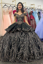 Black Satin Appliques Off - the - Shoulder Quinceanera Dress - KissProm