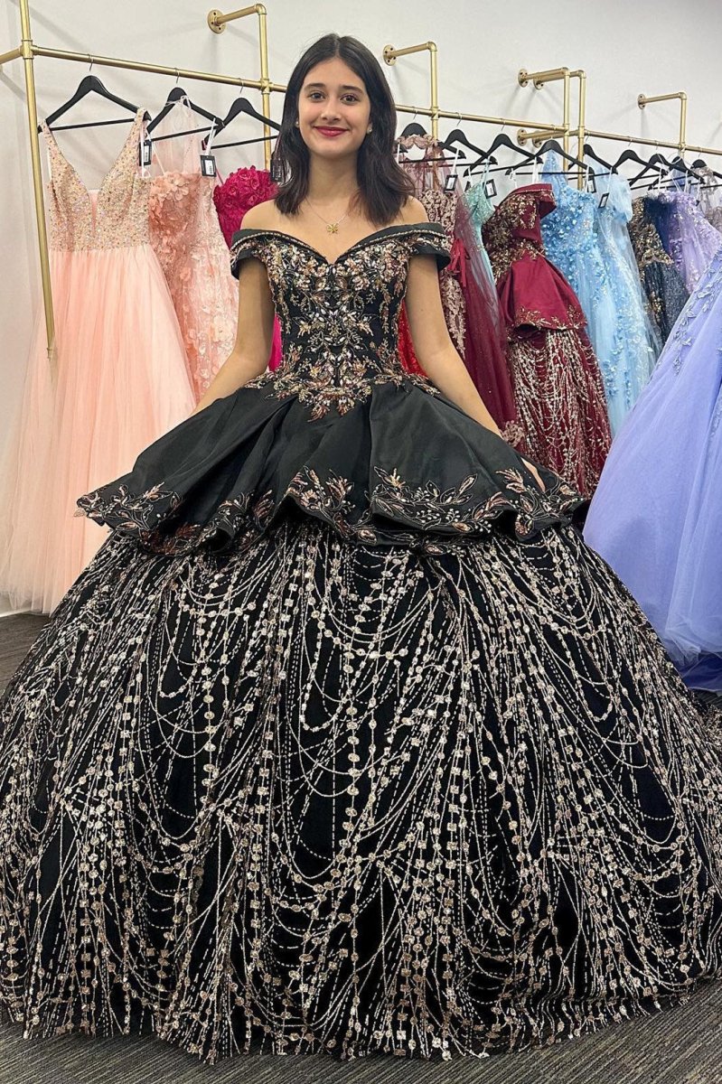 Black Satin Appliques Off - the - Shoulder Quinceanera Dress - KissProm