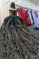 Black Satin Appliques Off - the - Shoulder Quinceanera Dress - KissProm