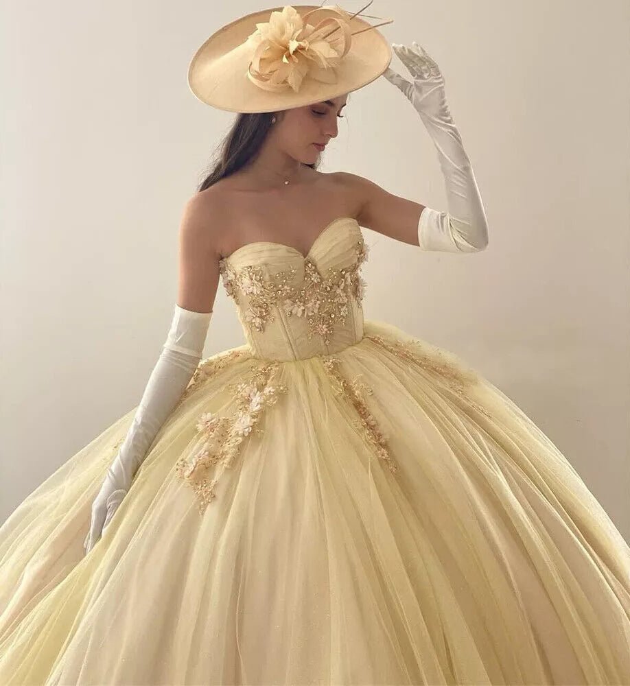 Yellow Ball-Gown Tulle Sweetheart Quinceanera Dresses with Appliques