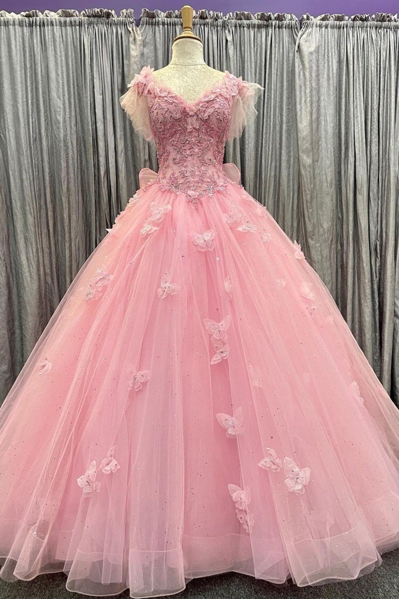 Pink Tulle 3D Floral Lace Bow-Back Quinceanera Dress with Flutter Sleeves