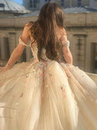 Narelle | Off Shoulder Long Champagne Lace Champagne Quinceanera Dresses