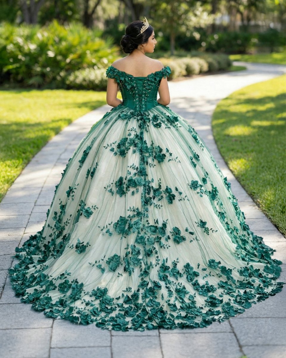 3D Flowers Off Shoulder Tulle Appliques Beaded Quinceanera Dress - KissProm