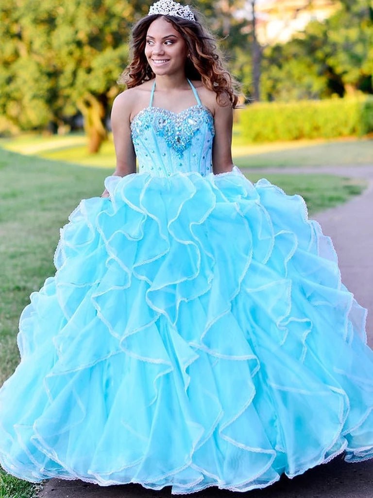 Halter Tulle Ball Gown Quinceanera Dresses With Rhinestones - KissProm