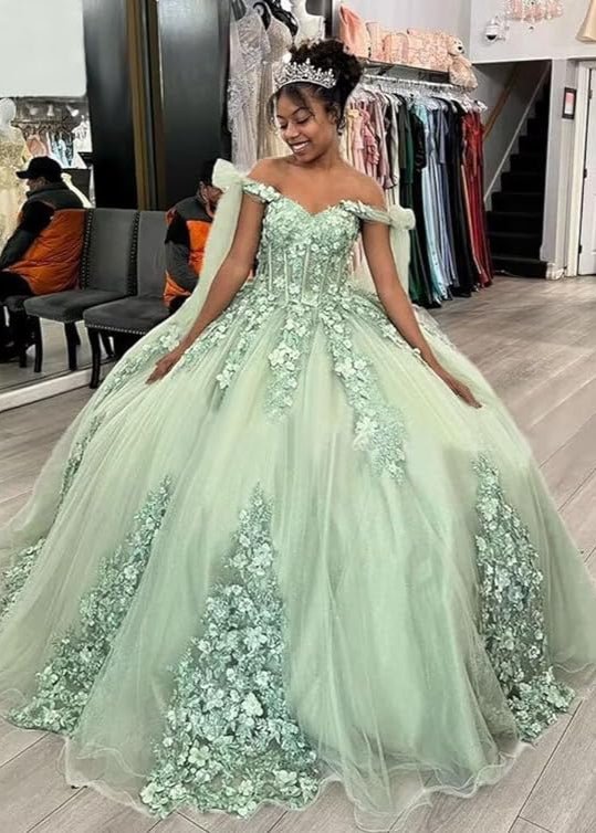 Letitia | Ball Gown  Lace Off the Shoulder Sage Green Quinceanera Dress