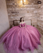 Dusty Rose Off Shoulder Lace 3D Flower Applique Quinceanera Dress