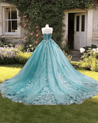 Dusty Blue Sweetheart Ball Gown Quinceanera Dress Strapless with 3D Flowers