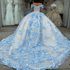 Sky Blue Lace Dress Off The Shoulder 3D Flowers Quinceanera Dresses - KissProm
