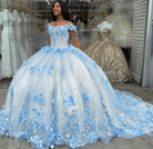 Sky Blue Lace Dress Off The Shoulder 3D Flowers Quinceanera Dresses - KissProm