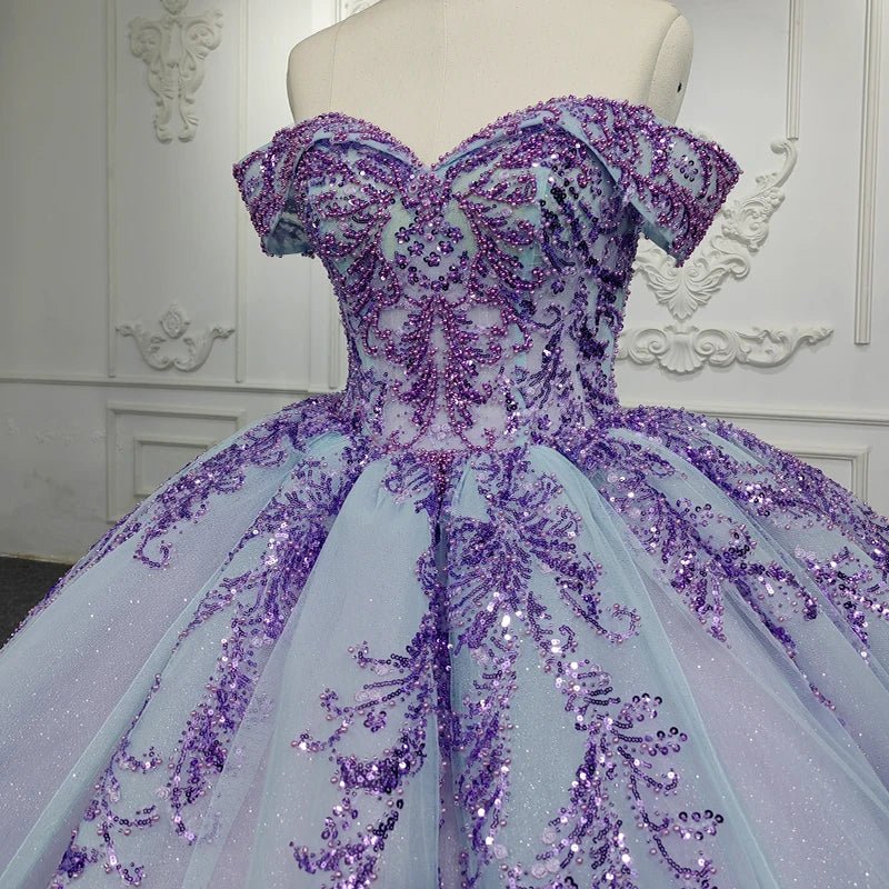 Quinceanera Dress Charming Off - the - shoulder Prom Dresses Appliques Lace Up Ball Gown with Sequins - KissProm
