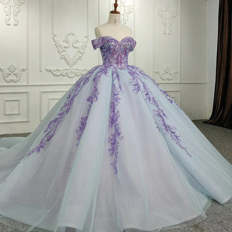 Quinceanera Dress Charming Off - the - shoulder Prom Dresses Appliques Lace Up Ball Gown with Sequins - KissProm