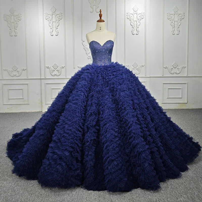 Quinceanera Dress Classic Dark Navy Strapless Quinceanera Dresses Sleeveless Sweetheart Beading Ball Gown