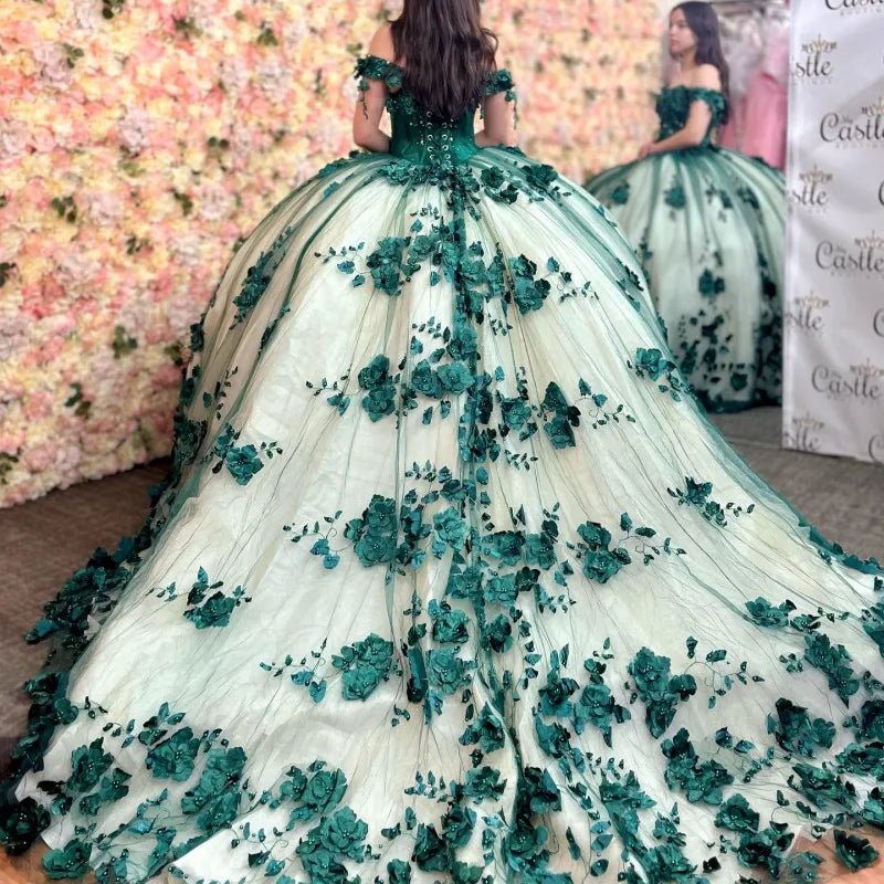 3D Flowers Off Shoulder Tulle Appliques Beaded Pageant Lace Up Quinceanera Dress