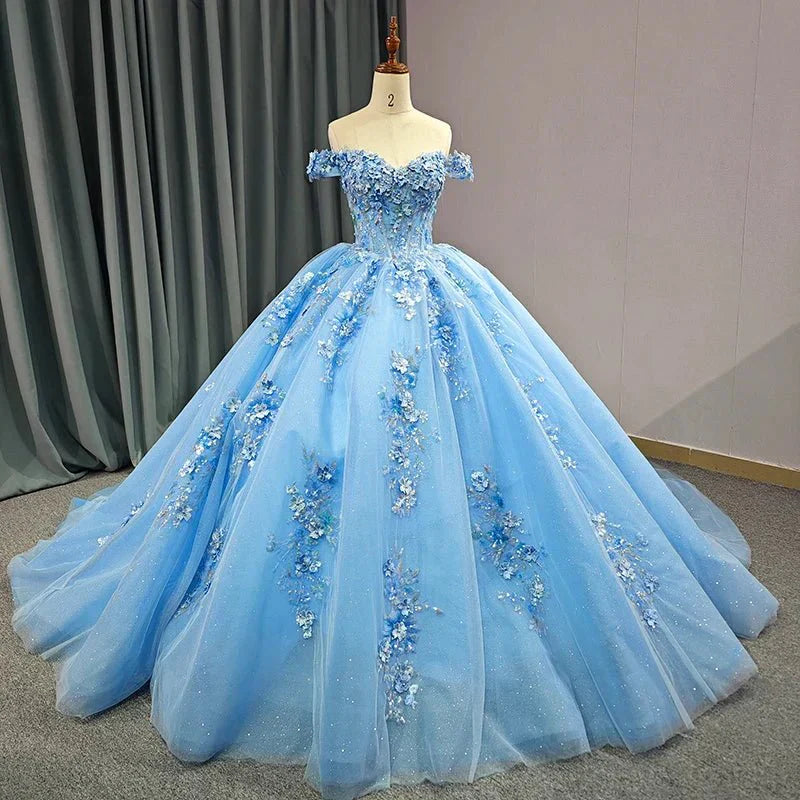 Quinceanera Dress Elegant Sweetheart Off - the - shoulder Appliques Ball Gown - KissProm