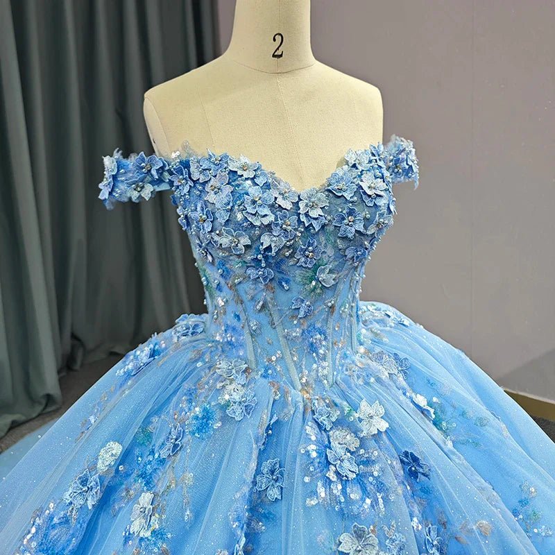 Quinceanera Dress Elegant Sweetheart Off - the - shoulder Appliques Ball Gown - KissProm