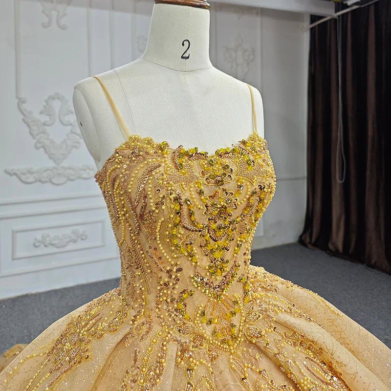 Quinceanera Dress Gold Beading Formal Long Evening Dress Spaghetti Straps Ball Gown - KissProm