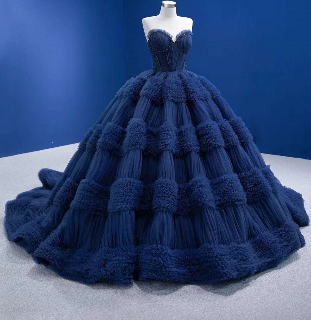 Quinceanera Dress Graceful Backless Ball Gown Navy Blue Prom Dresses - KissProm