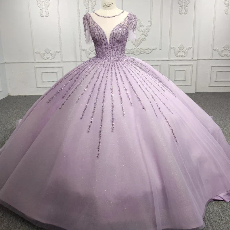 Quinceanera Dress Princess Sheer Neck Long Prom Dresses Short Sleeves Ball Gown - KissProm