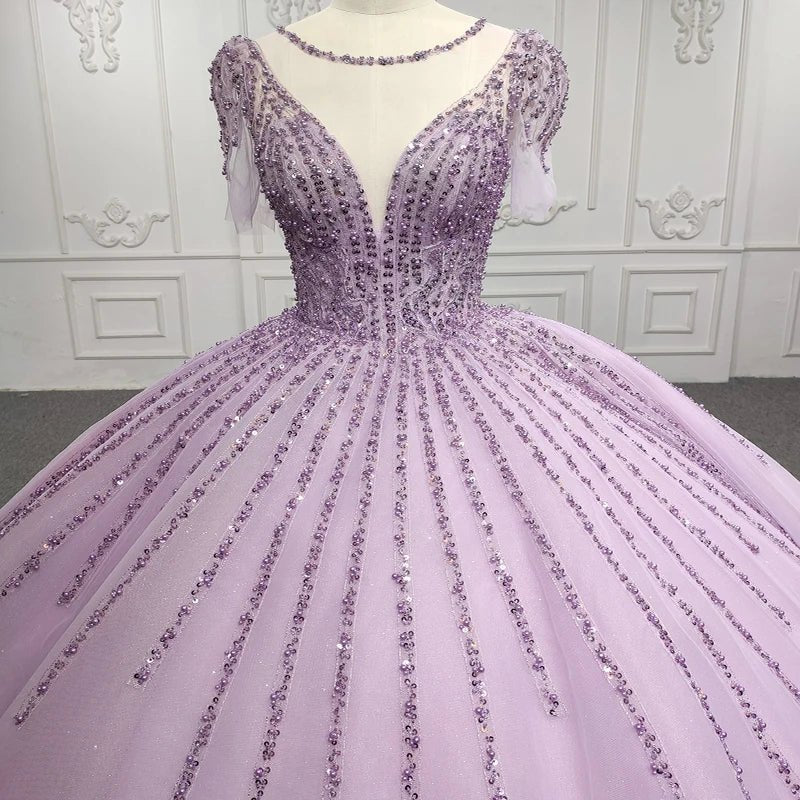 Quinceanera Dress Princess Sheer Neck Long Prom Dresses Short Sleeves Ball Gown - KissProm